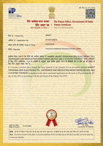 Patent Certificate No. 568287 — Government of India, The Patent Office