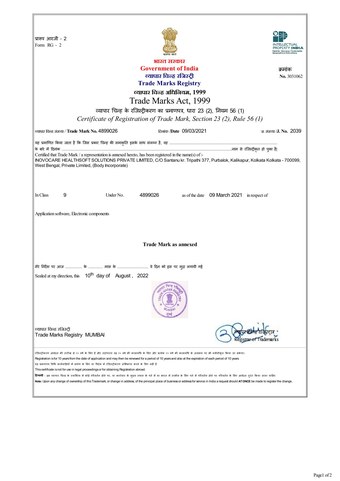 Certificate of Registration of Trade Mark No. 4899026 — Government of India, Trade Marks Registry